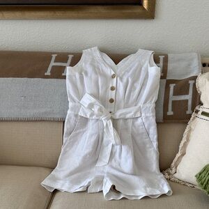 LOFT Women’s White Sleeveless Linen Romper with Tie Waist and Button Front